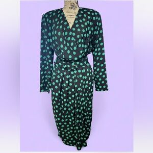 Perceptions Vintage Black Dress with Green Polka Dots with belt and pockets.
